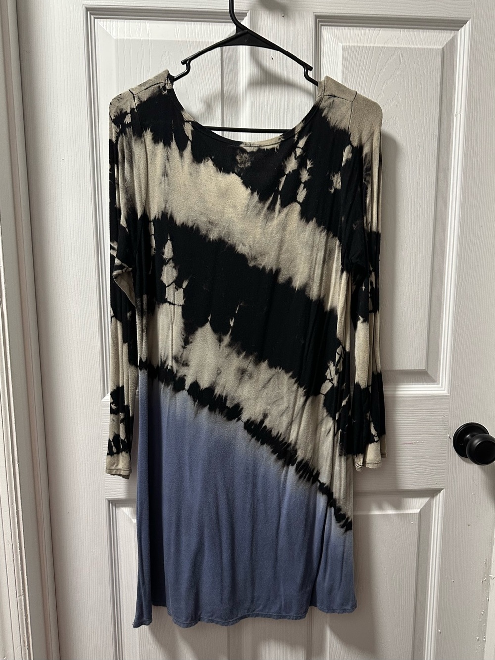Tie-Dye Long Sleeve Dress in Black, Cream & Blue
